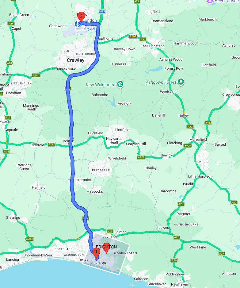 Map showing the booking route from Gatwick to Brighton