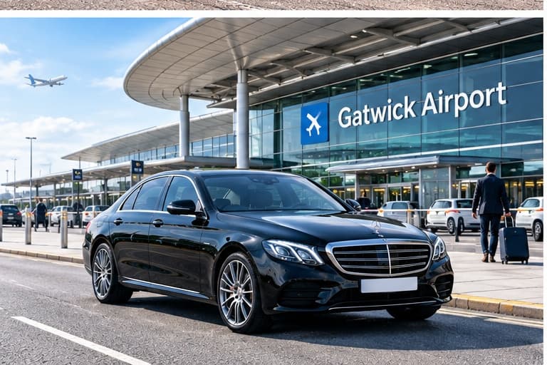 Black private hire saloon outside the Gatwick Airport terminal